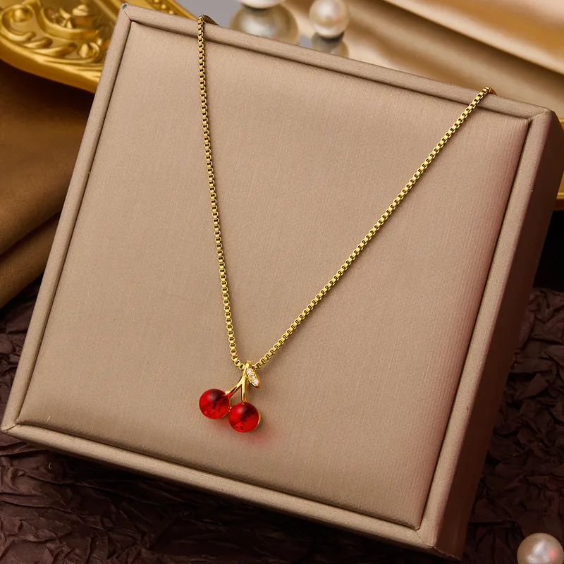 Red Crystal Cherry Charm Necklace – Elegant Gold-Finish Box Chain