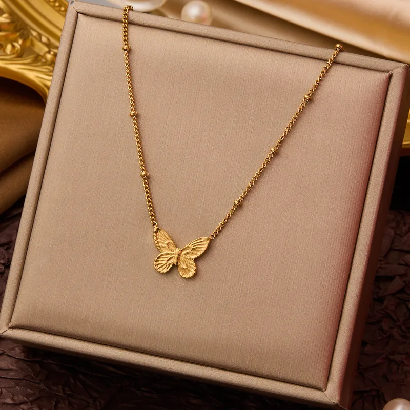 Gold Butterfly Pendant Necklace – Beaded Link Chain Jewelry