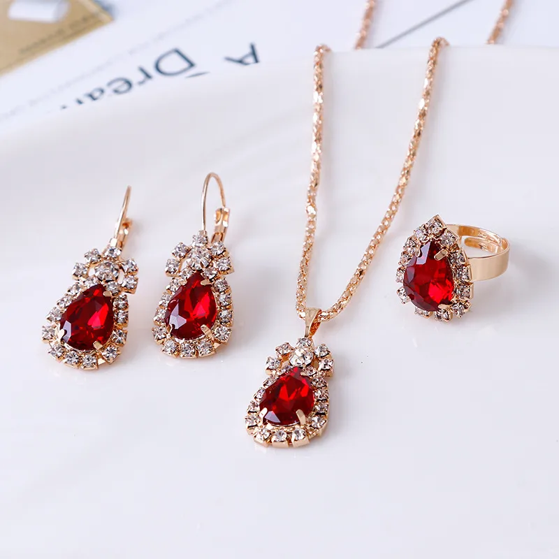 Pear-Cut Red Crystal Necklace, Drop Earrings & Adjustable Ring for her